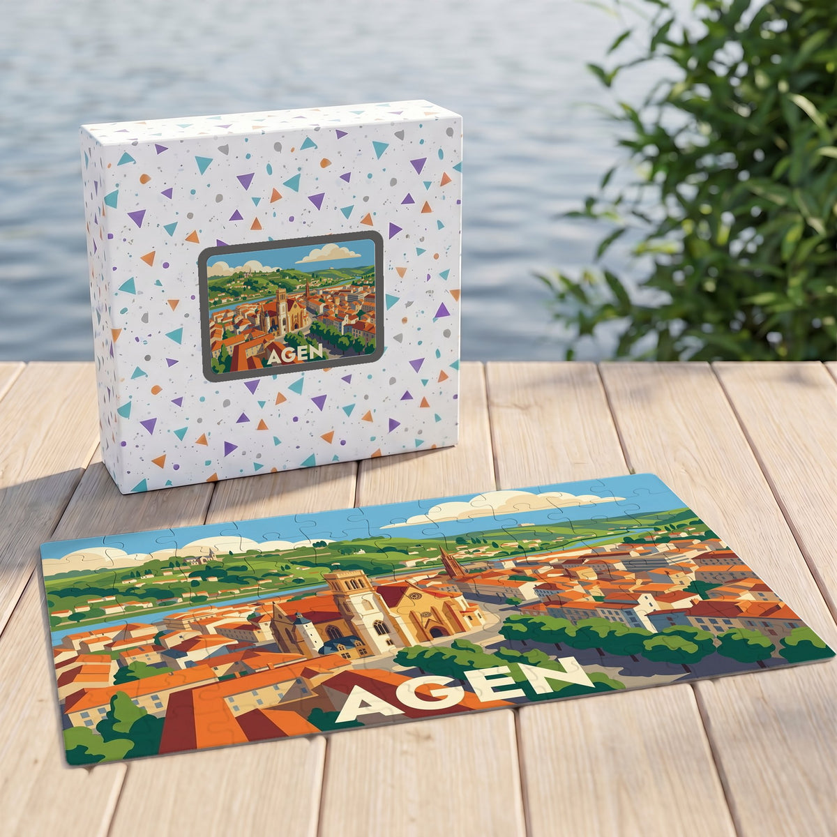 Puzzle souvenir de la ville d'Agen avec une illustration stylisée de son centre historique et de la Garonne.