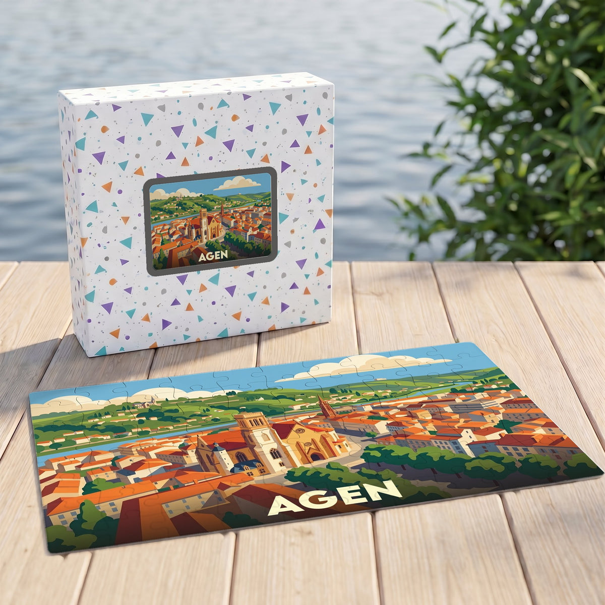 Puzzle souvenir de la ville d'Agen avec une illustration stylisée de son centre historique et de la Garonne.