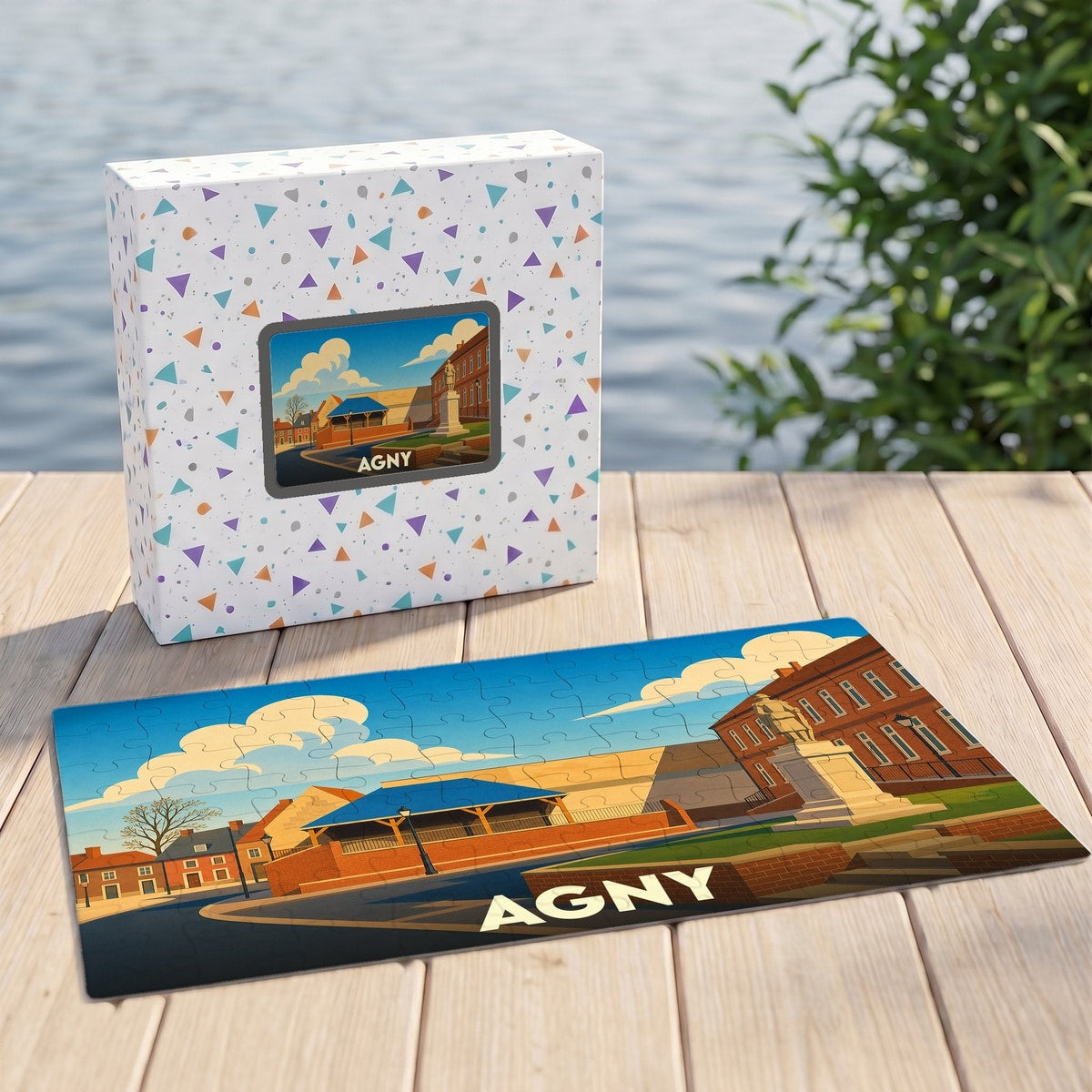 Puzzle souvenir de la ville d'Agny avec une illustration stylisée et colorée.