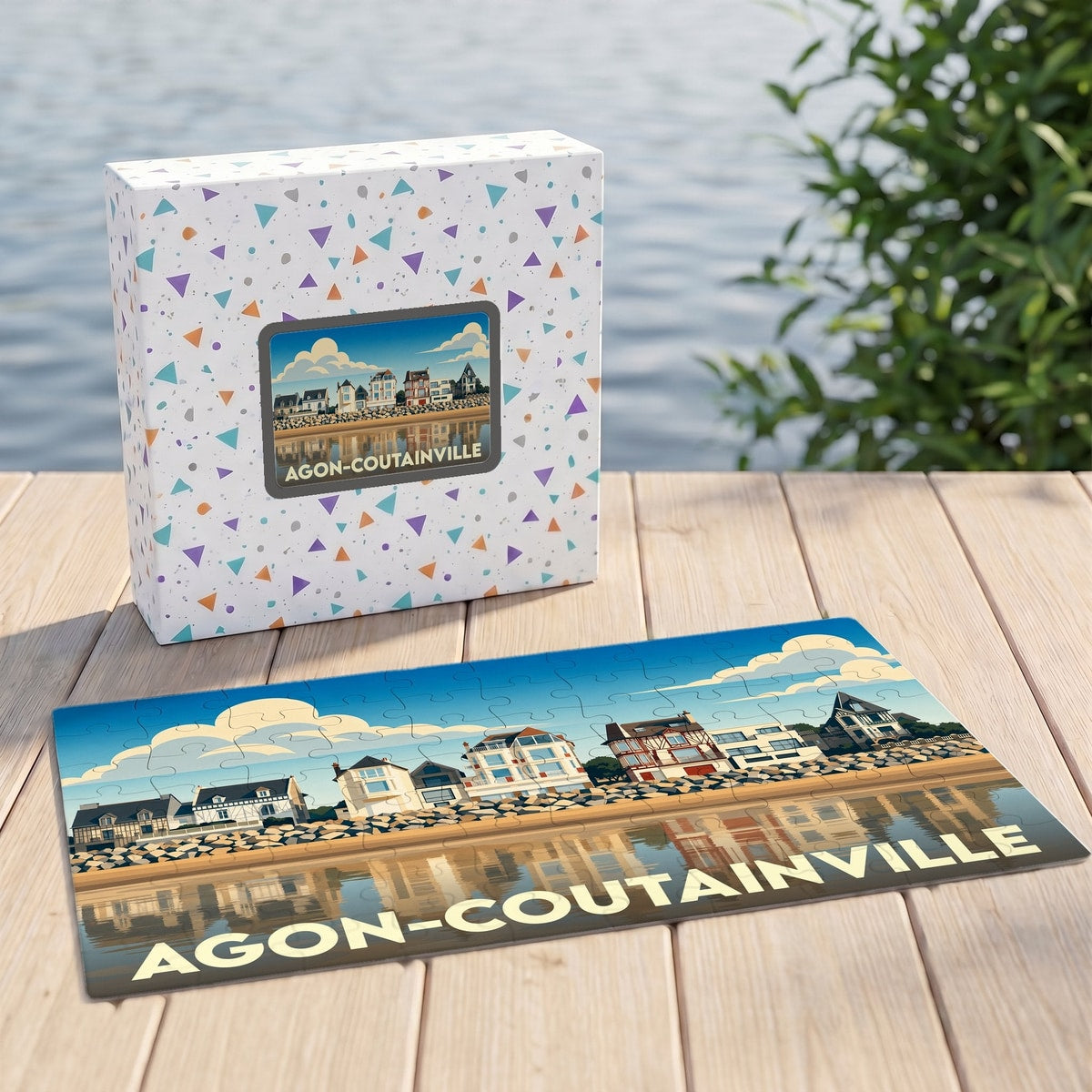Puzzle souvenir de la ville d'Agon-Coutainville avec une illustration stylisée du front de mer.