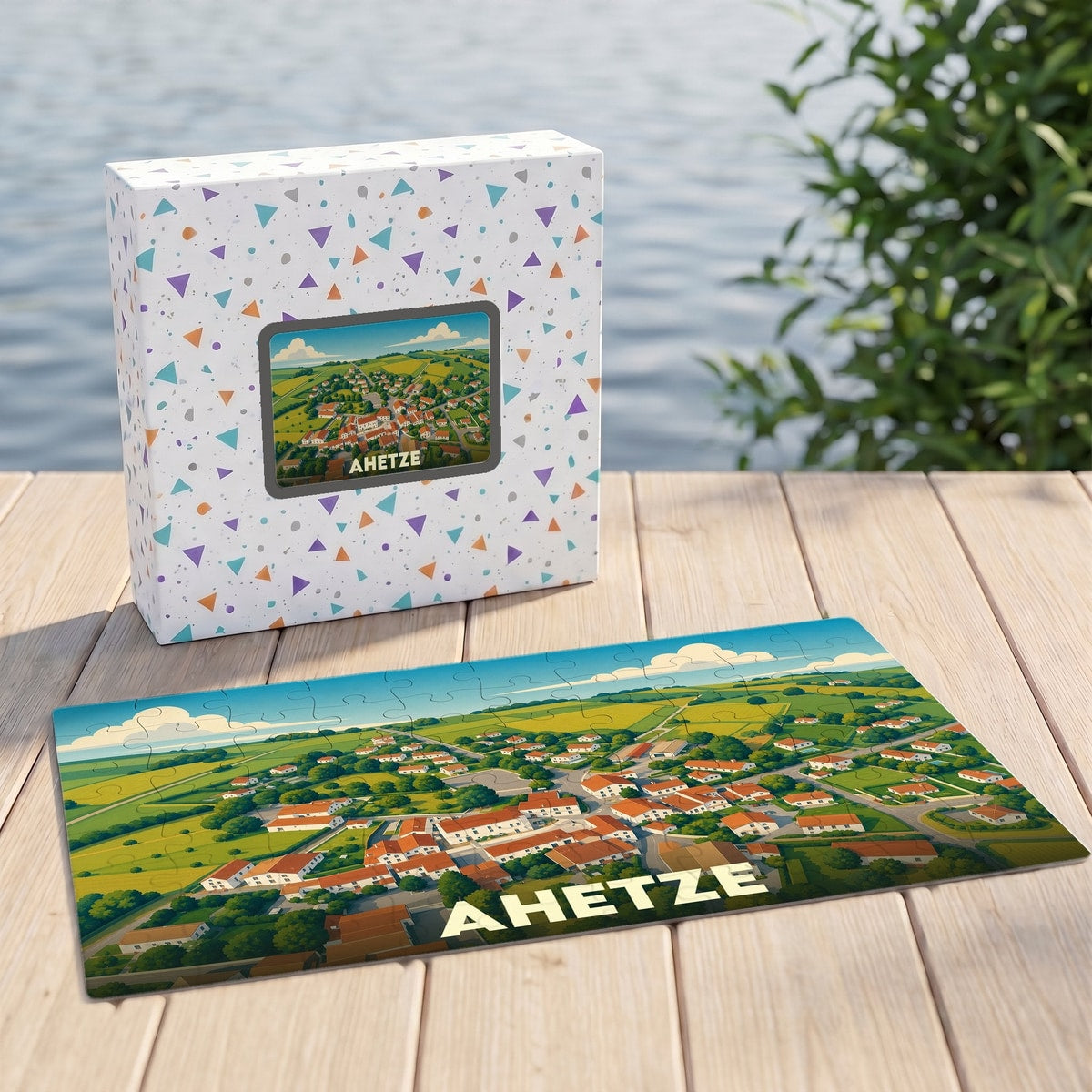 Puzzle souvenir de la ville d'Ahetze représentant une vue aérienne illustrée du village dans son coffret assorti.
