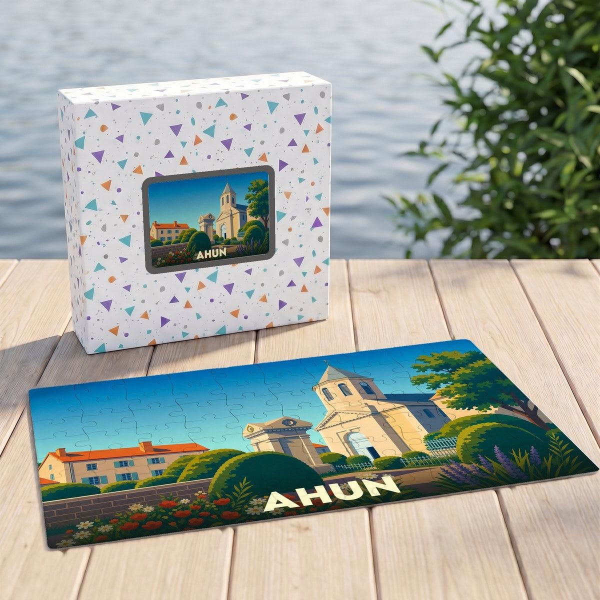 Puzzle souvenir de la ville d'Ahun avec une illustration stylisée et colorée de son église.