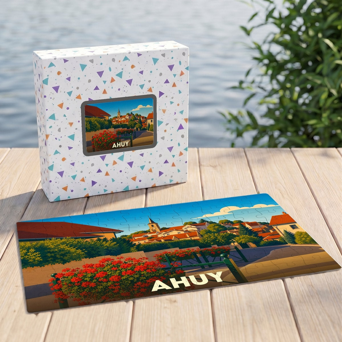 Puzzle souvenir de la ville de Ahuy avec une illustration stylisée et colorée.