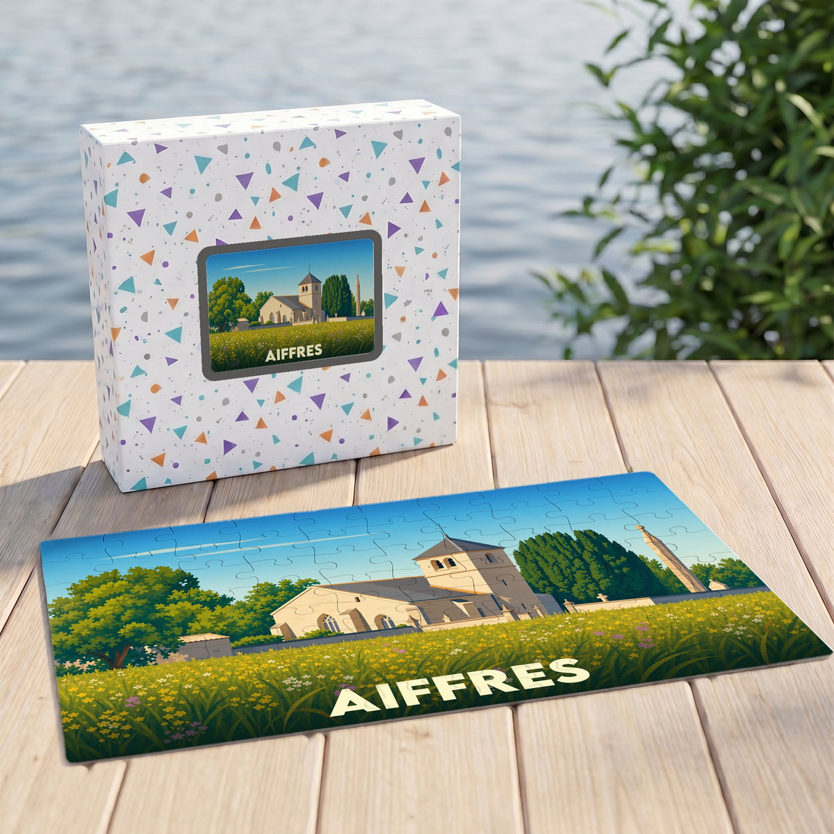 Puzzle souvenir de la ville d'Aiffres avec une illustration stylisée et colorée de son patrimoine.