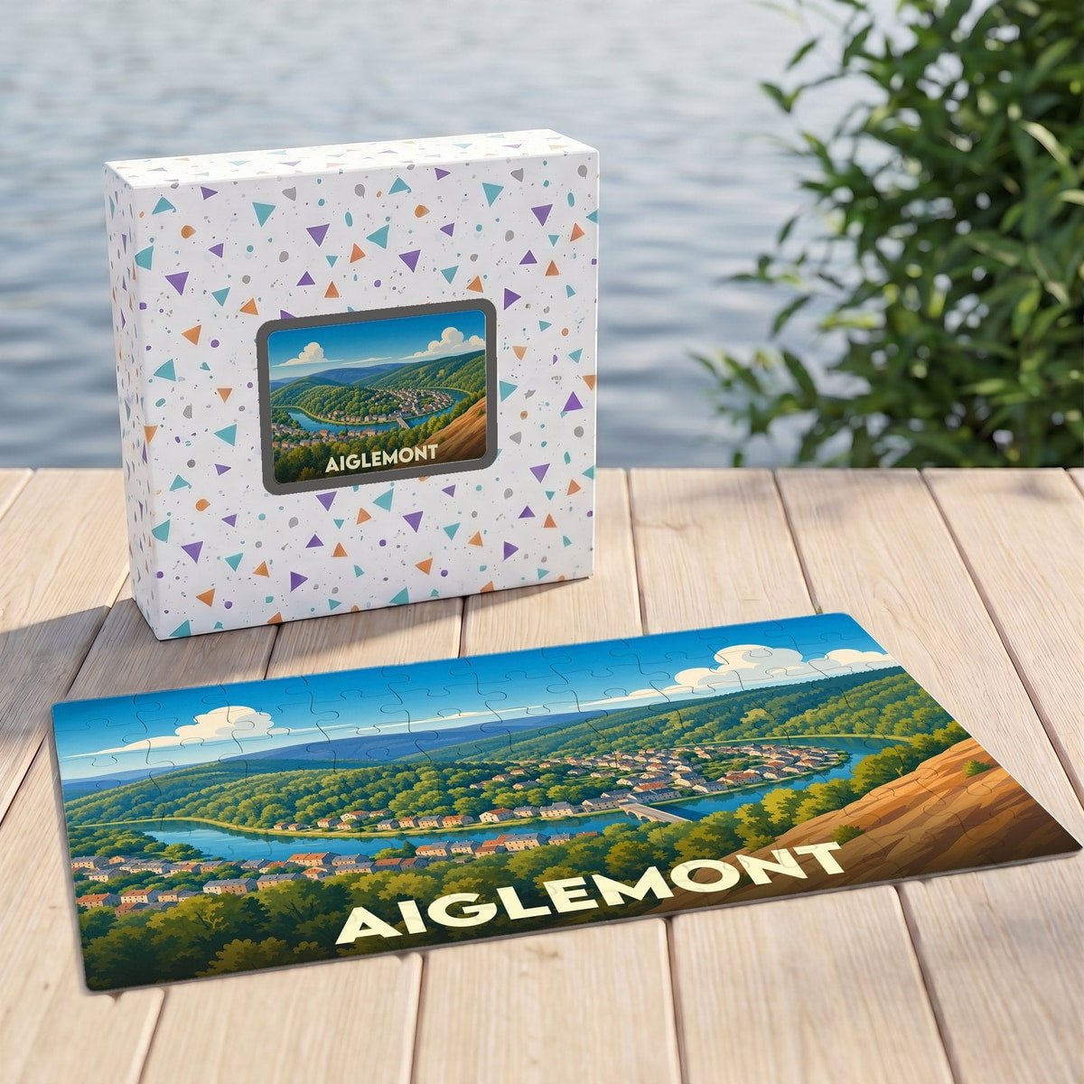 Puzzle souvenir de la ville d'Aiglemont avec une illustration panoramique stylisée.