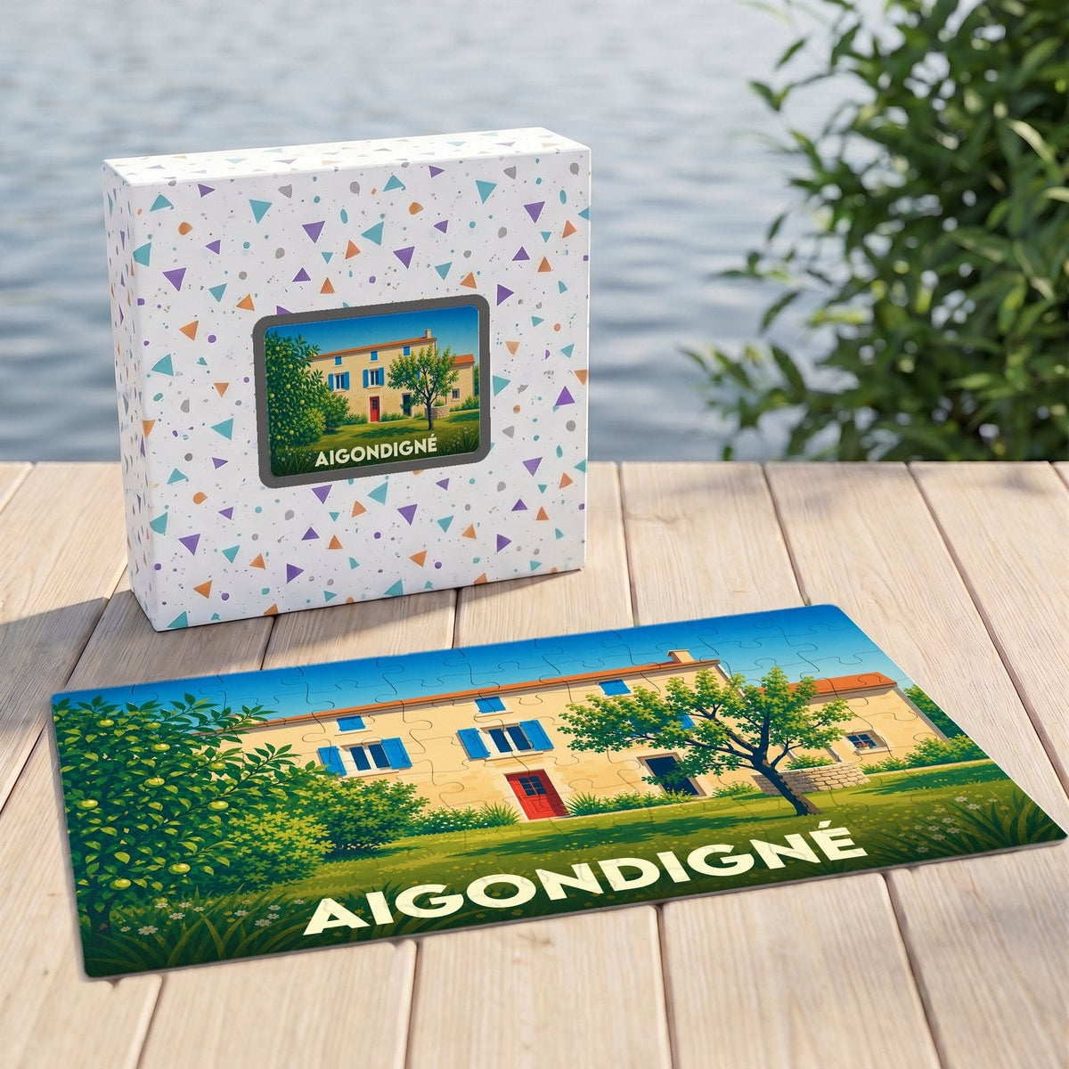 Puzzle souvenir de la ville d'Aigondigné représentant une maison traditionnelle avec une illustration colorée et stylisée.