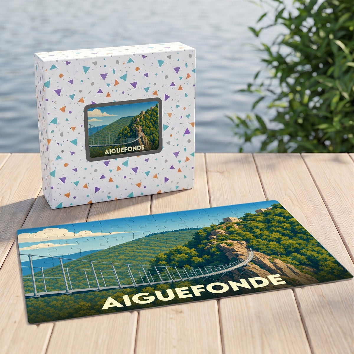 Puzzle souvenir de la ville d'Aiguefonde illustrant une passerelle suspendue dans un paysage de collines boisées.