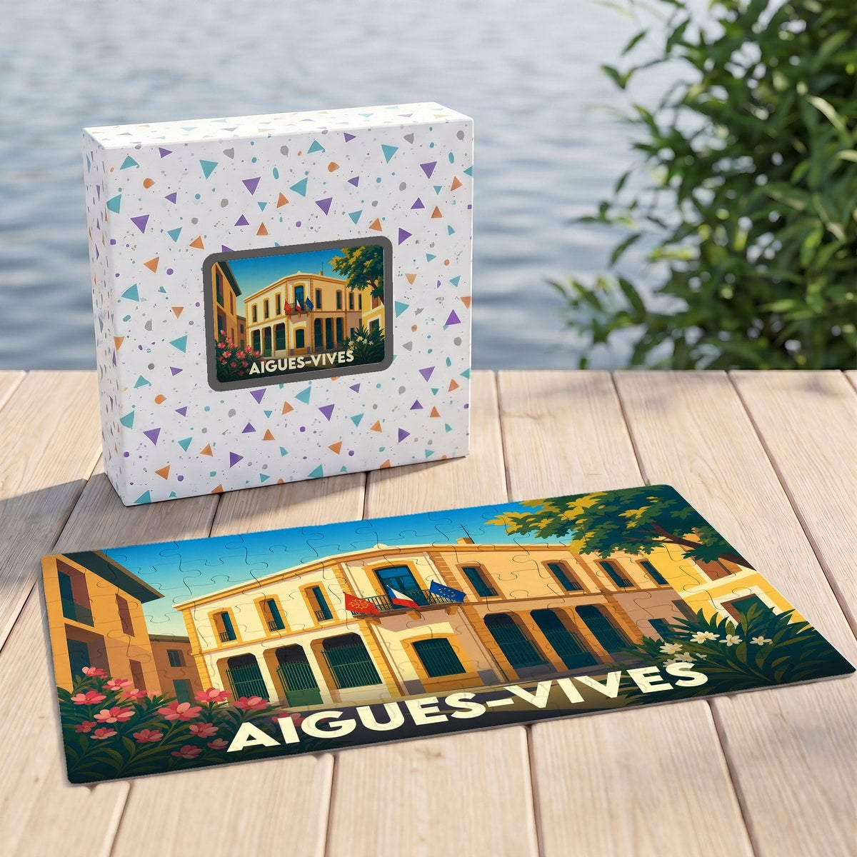 Puzzle souvenir de la ville de Aigues-Vives avec une illustration stylisée d'un bâtiment emblématique.
