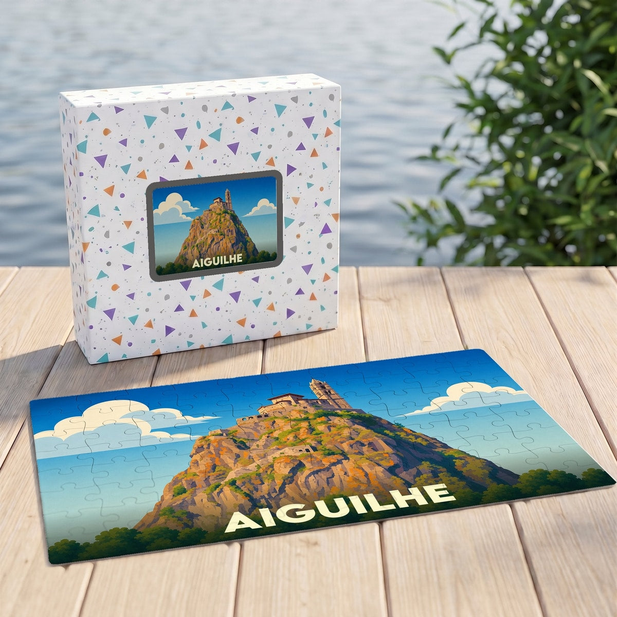Puzzle souvenir de la ville d'Aiguilhe avec une illustration stylisée d'un mont escarpé.