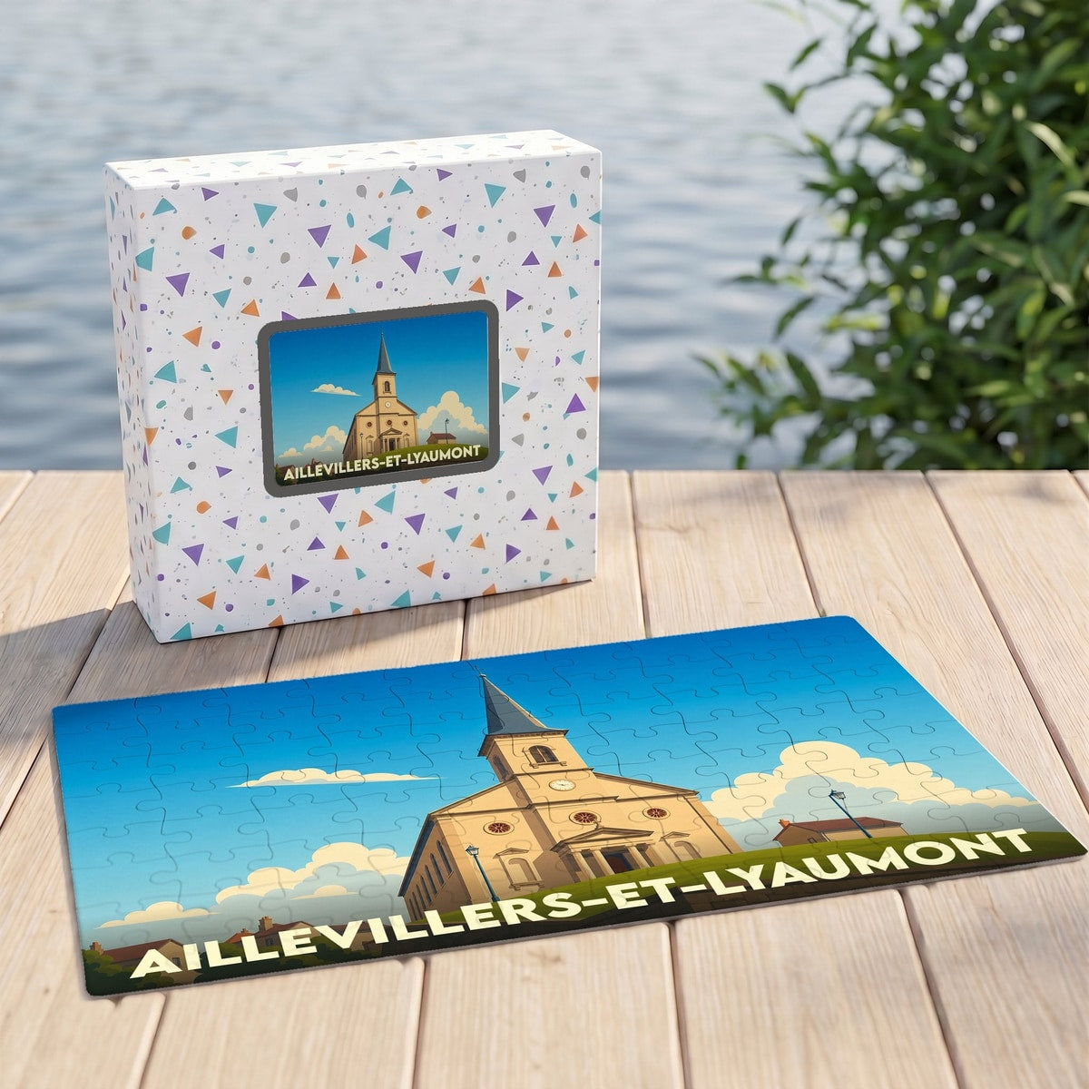 Puzzle souvenir de la ville de Aillevillers-et-Lyaumont avec une illustration stylisée de son église.
