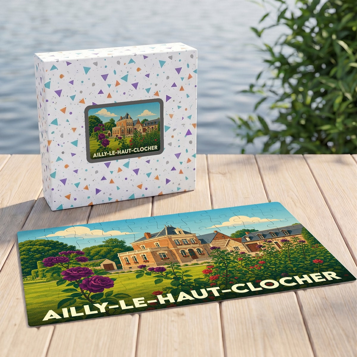 Puzzle souvenir de la ville d'Ailly-le-Haut-Clocher illustrant une grande demeure bourgeoise entourée de fleurs.
