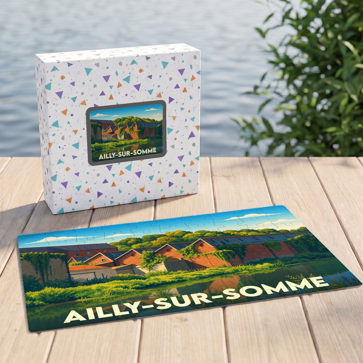 Puzzle souvenir de la ville d'Ailly-sur-Somme avec son illustration stylisée et sa boîte assortie.