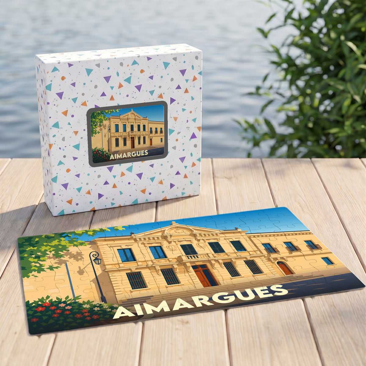 Puzzle souvenir de la ville d'Aimargues avec une illustration stylisée d'un bâtiment historique.