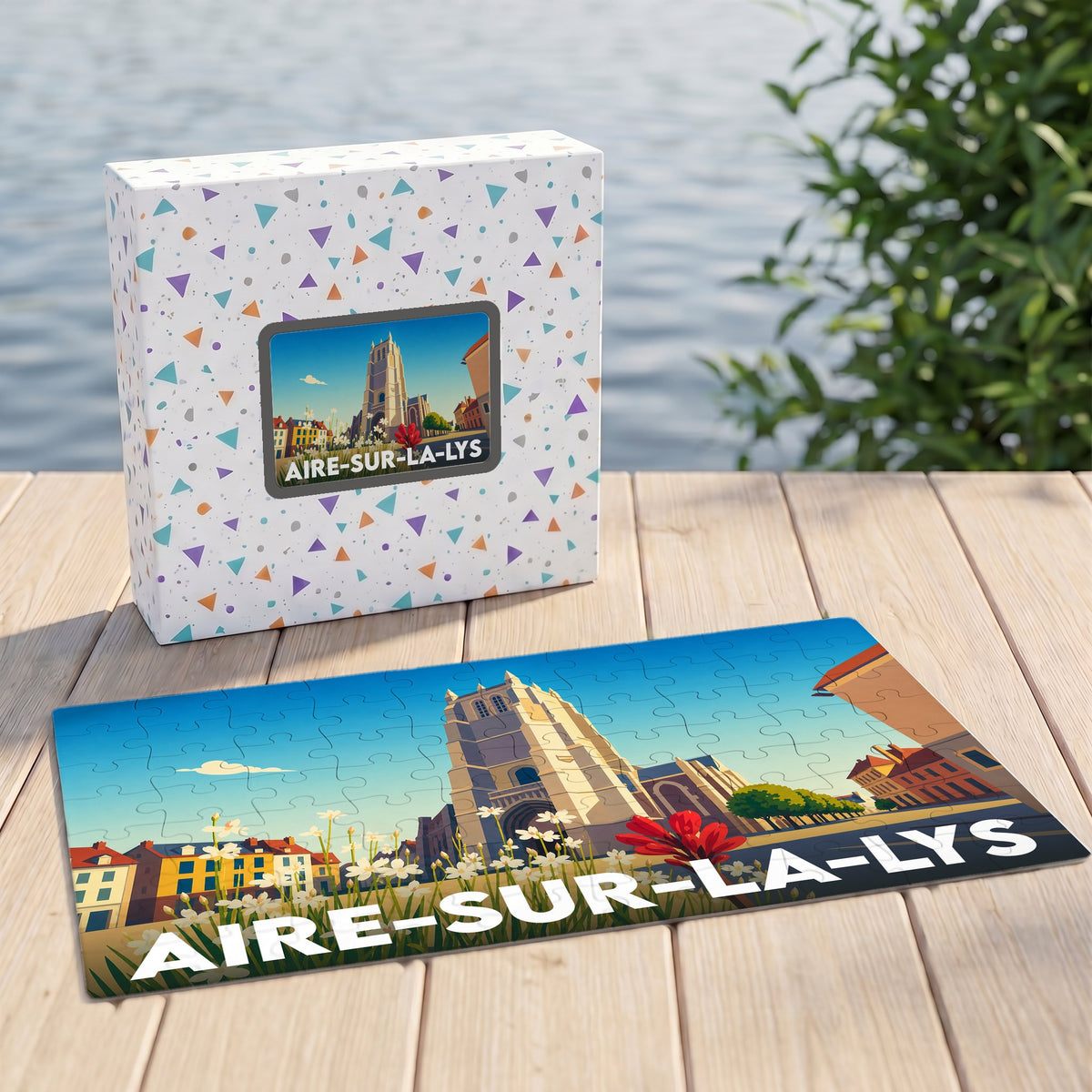Puzzle souvenir de la ville de Aire-sur-la-Lys avec son coffret assorti illustrant la collégiale Saint-Pierre de manière stylisée.