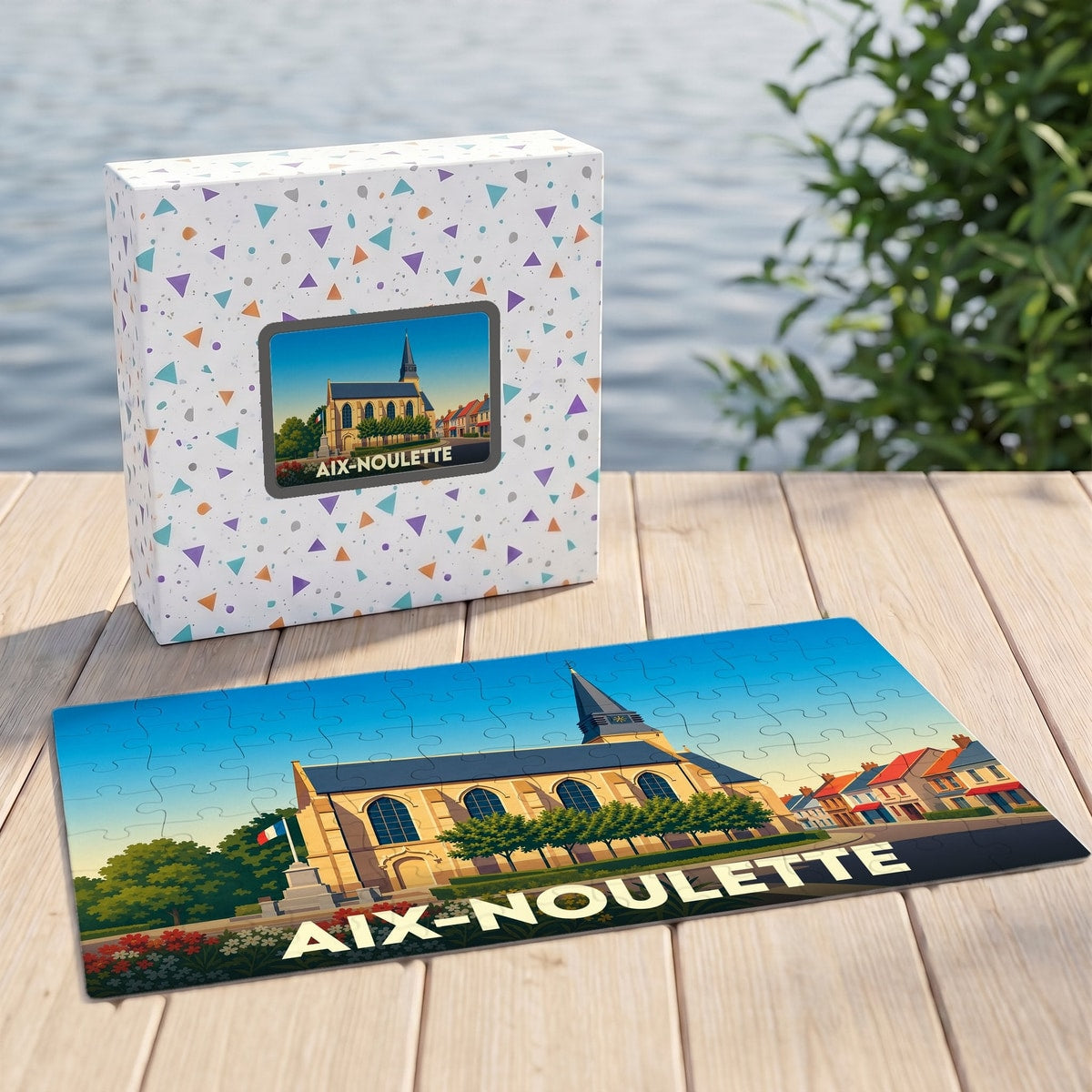 Puzzle souvenir de la ville d'Aix-Noulette avec une illustration stylisée de son église.