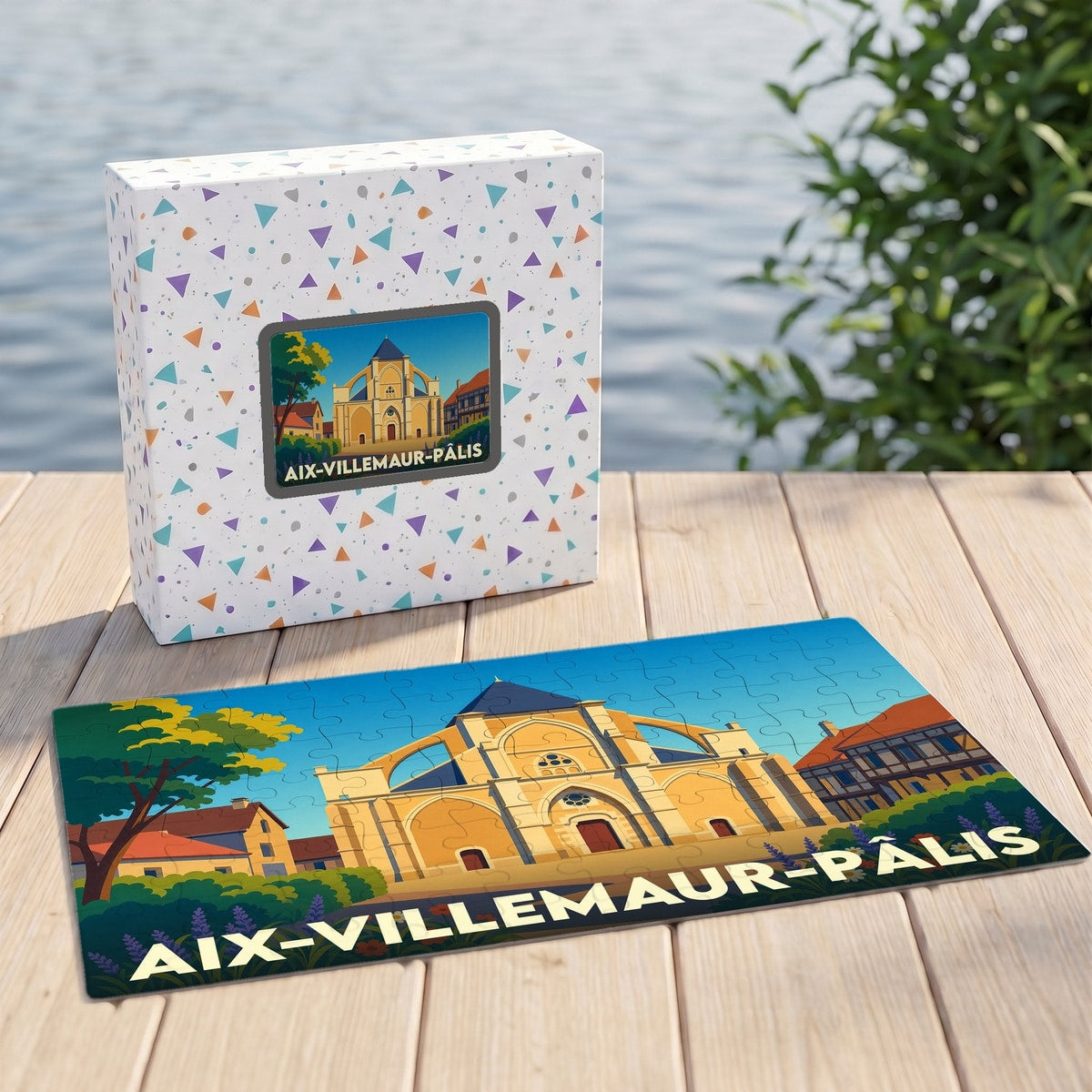 Puzzle souvenir de la ville d'Aix-Villemaur-Pâlis avec une illustration stylisée de son église collégiale.