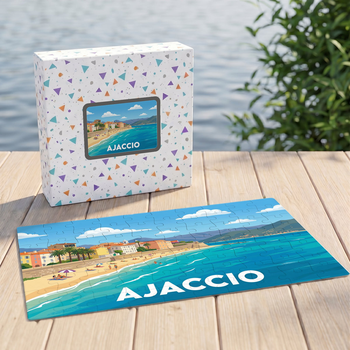Puzzle souvenir de la ville d'Ajaccio avec une illustration stylisée d'un bord de mer ensoleillé.