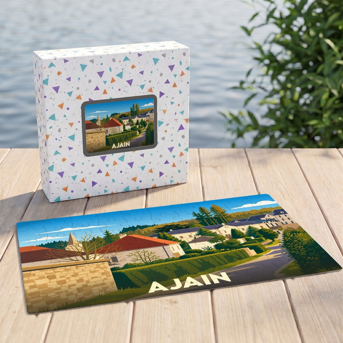 Puzzle souvenir de la ville d'Ajain avec une illustration stylisée.