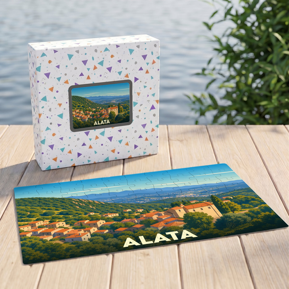 Puzzle souvenir de la ville d'Alata avec une illustration stylisée de son paysage vallonné.
