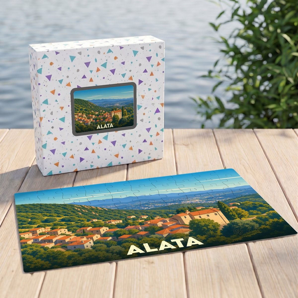 Puzzle souvenir de la ville d'Alata avec une illustration stylisée de son paysage vallonné.