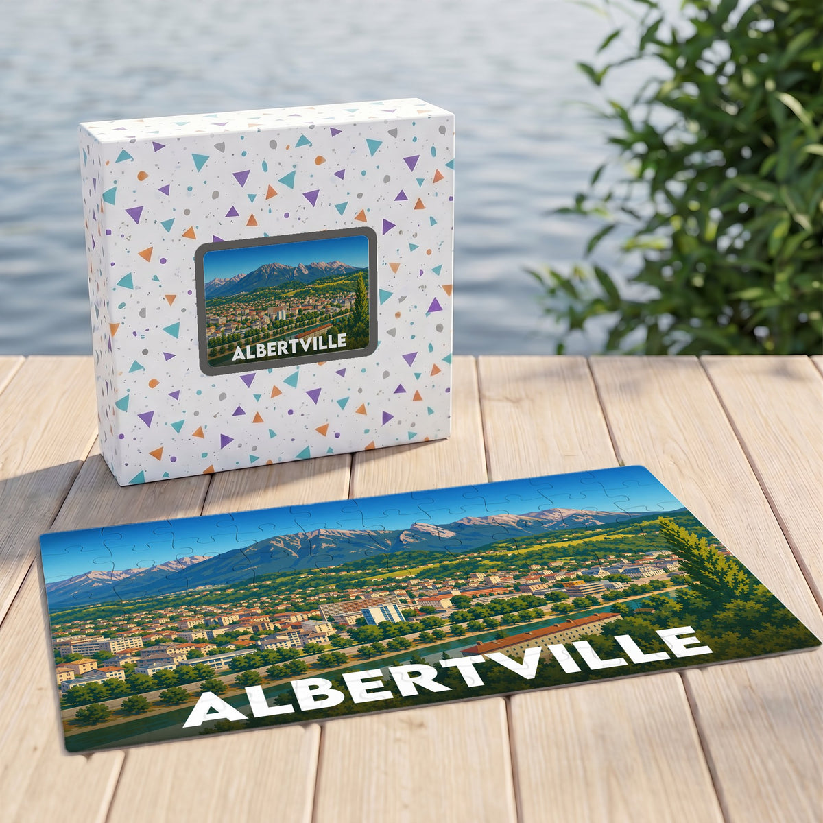 Puzzle souvenir de la ville d'Albertville représentant un paysage de montagne stylisé.