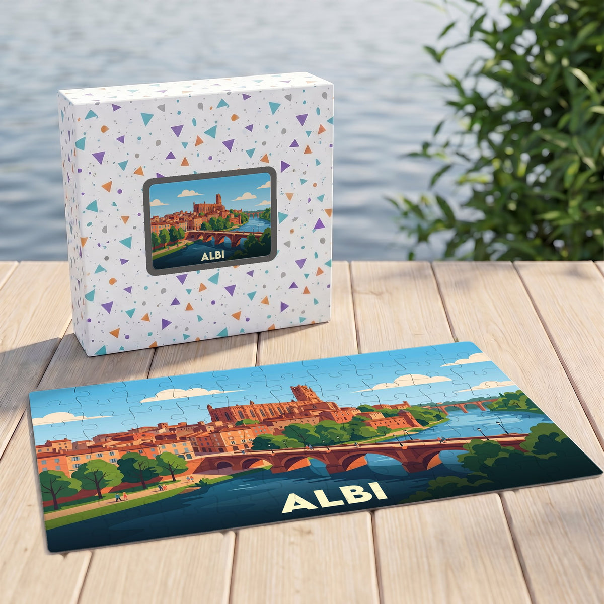 Puzzle souvenir de la ville d'Albi avec une illustration stylisée de son pont et de sa cathédrale.