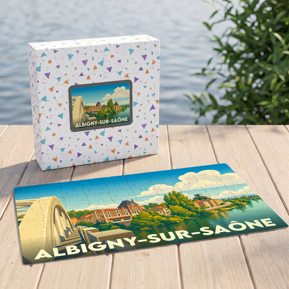 Puzzle souvenir de la ville d'Albigny-sur-Saône avec une illustration stylisée de ses bords de Saône.
