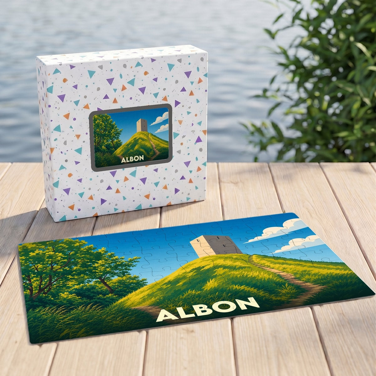 Puzzle souvenir de la ville d'Albon avec une illustration stylisée représentant une tour sur une colline verdoyante.