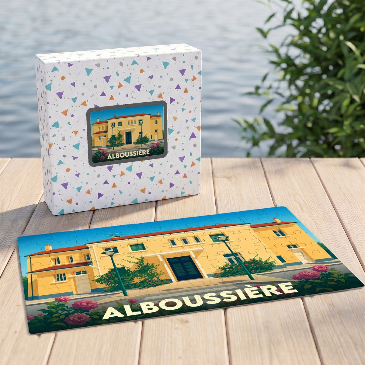 Puzzle souvenir de la ville d'Alboussière avec une illustration colorée du bâtiment de la mairie.