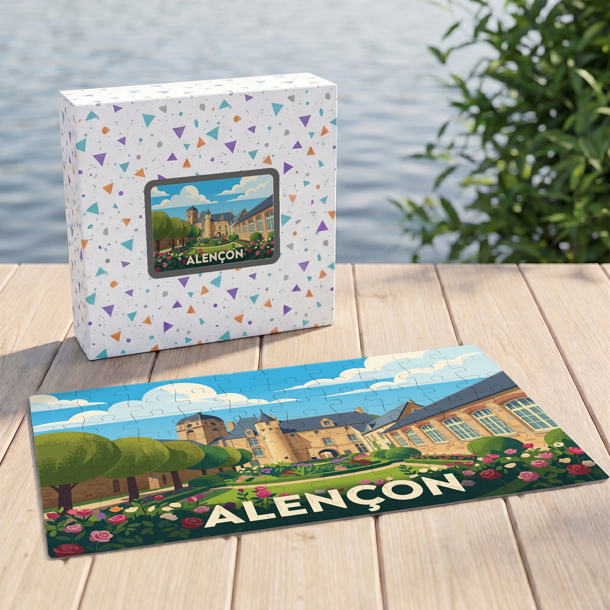 Puzzle souvenir de la ville d'Alençon présentant une illustration stylisée de son château et de ses jardins.