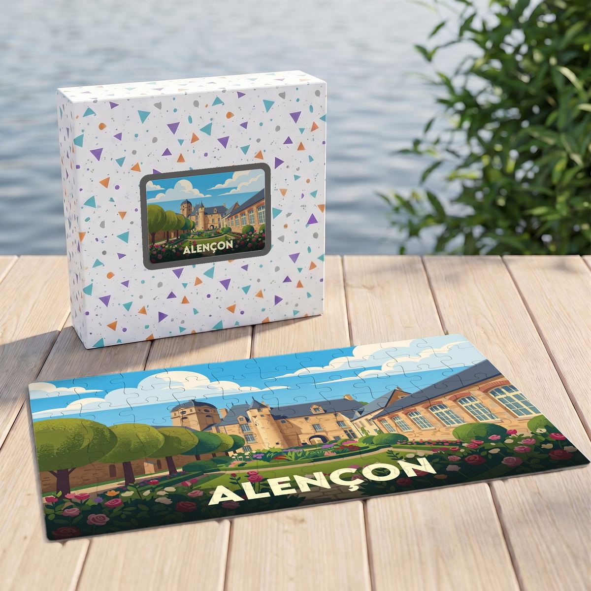 Puzzle souvenir de la ville d'Alençon présentant une illustration stylisée de son château et de ses jardins.