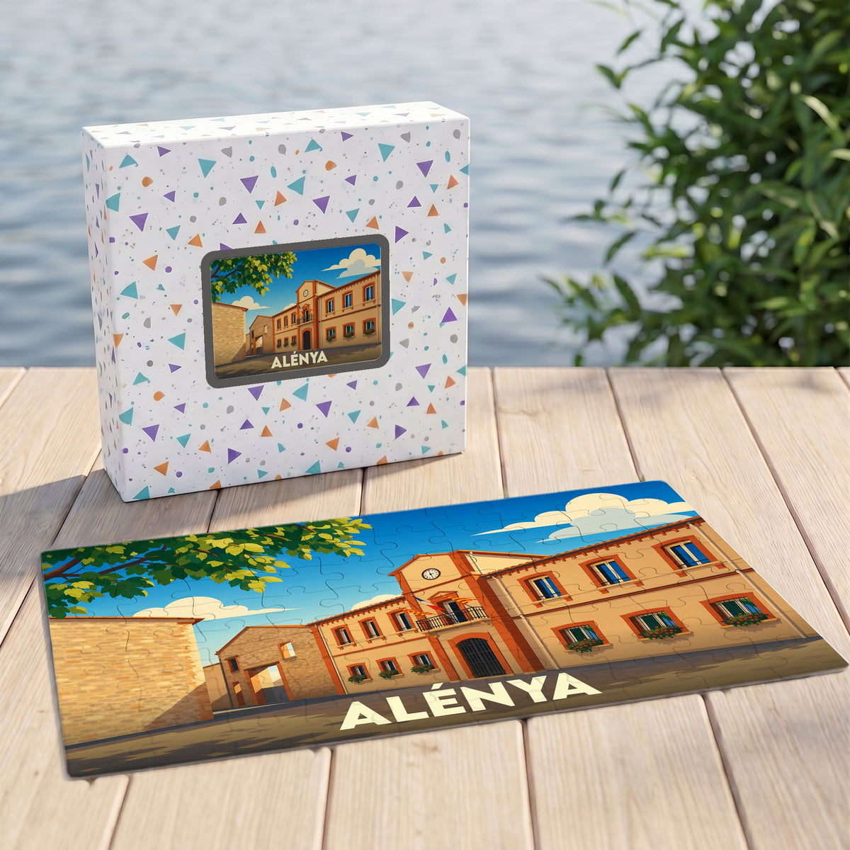 Puzzle souvenir de la ville d'Alénya avec une illustration stylisée de ses bâtiments emblématiques.