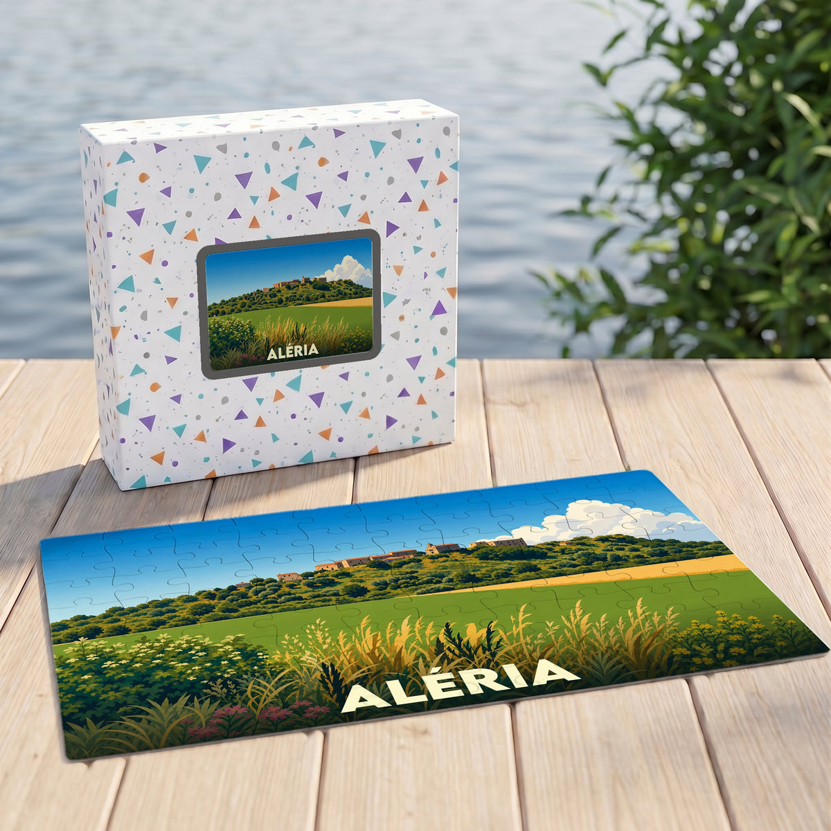 Puzzle souvenir de la ville d'Aléria avec une illustration stylisée de son paysage vallonné.