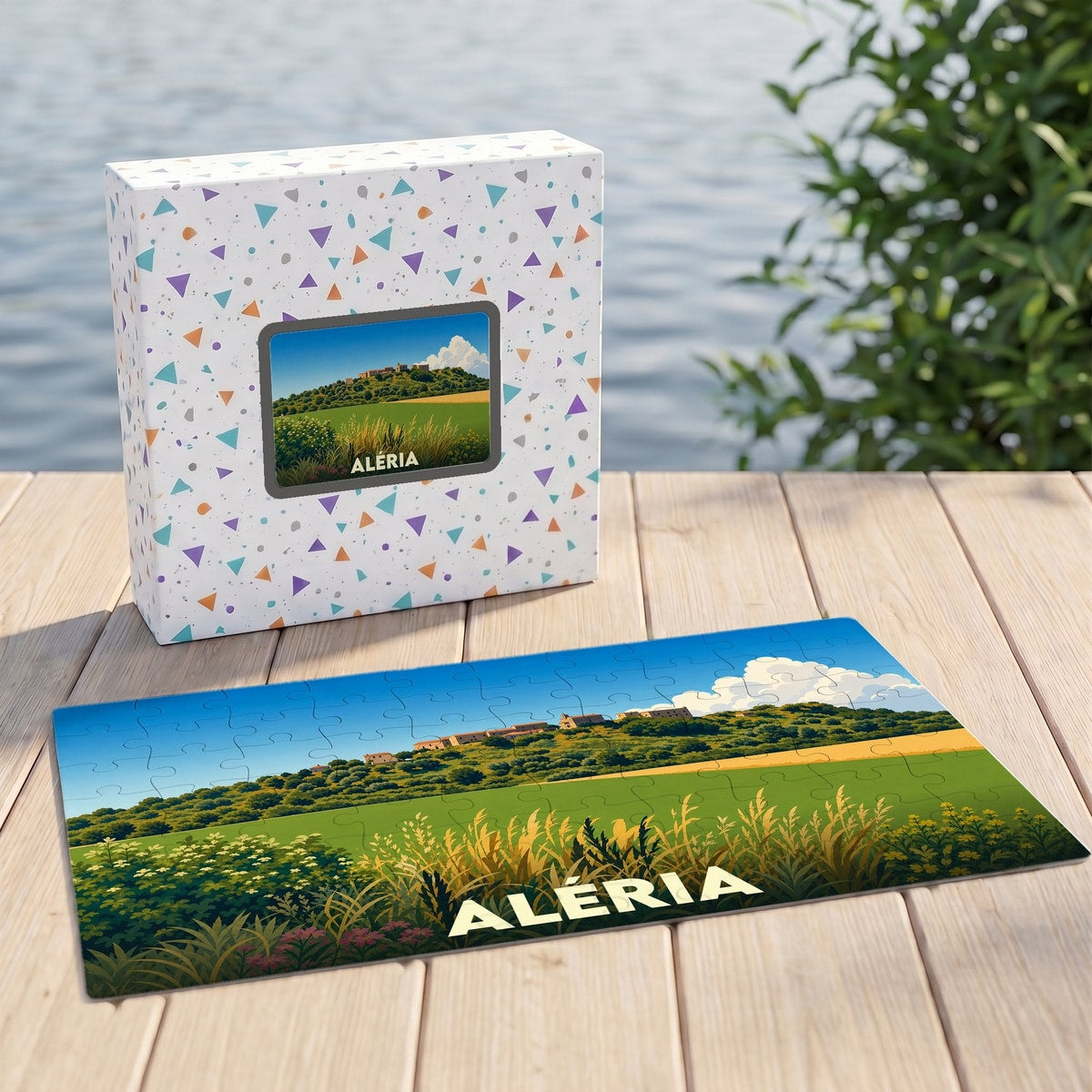 Puzzle souvenir de la ville d'Aléria avec une illustration stylisée de son paysage vallonné.