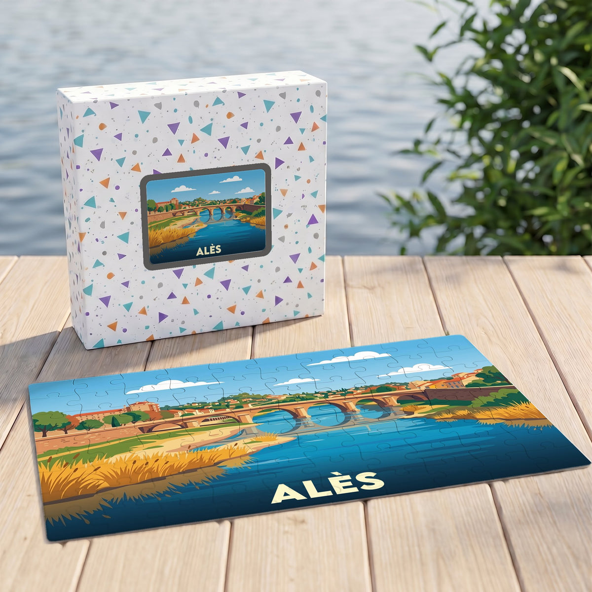Puzzle souvenir de la ville d'Alès illustré par un paysage stylisé du Gardon et de son pont.