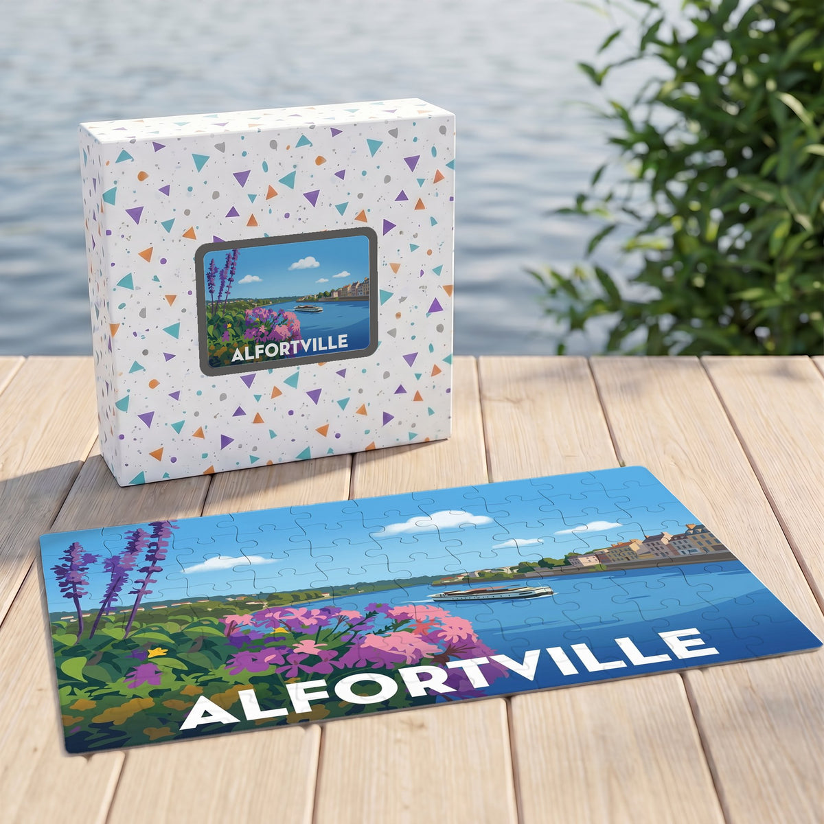 Puzzle souvenir de la ville d'Alfortville avec une illustration stylisée des bords de l'eau.