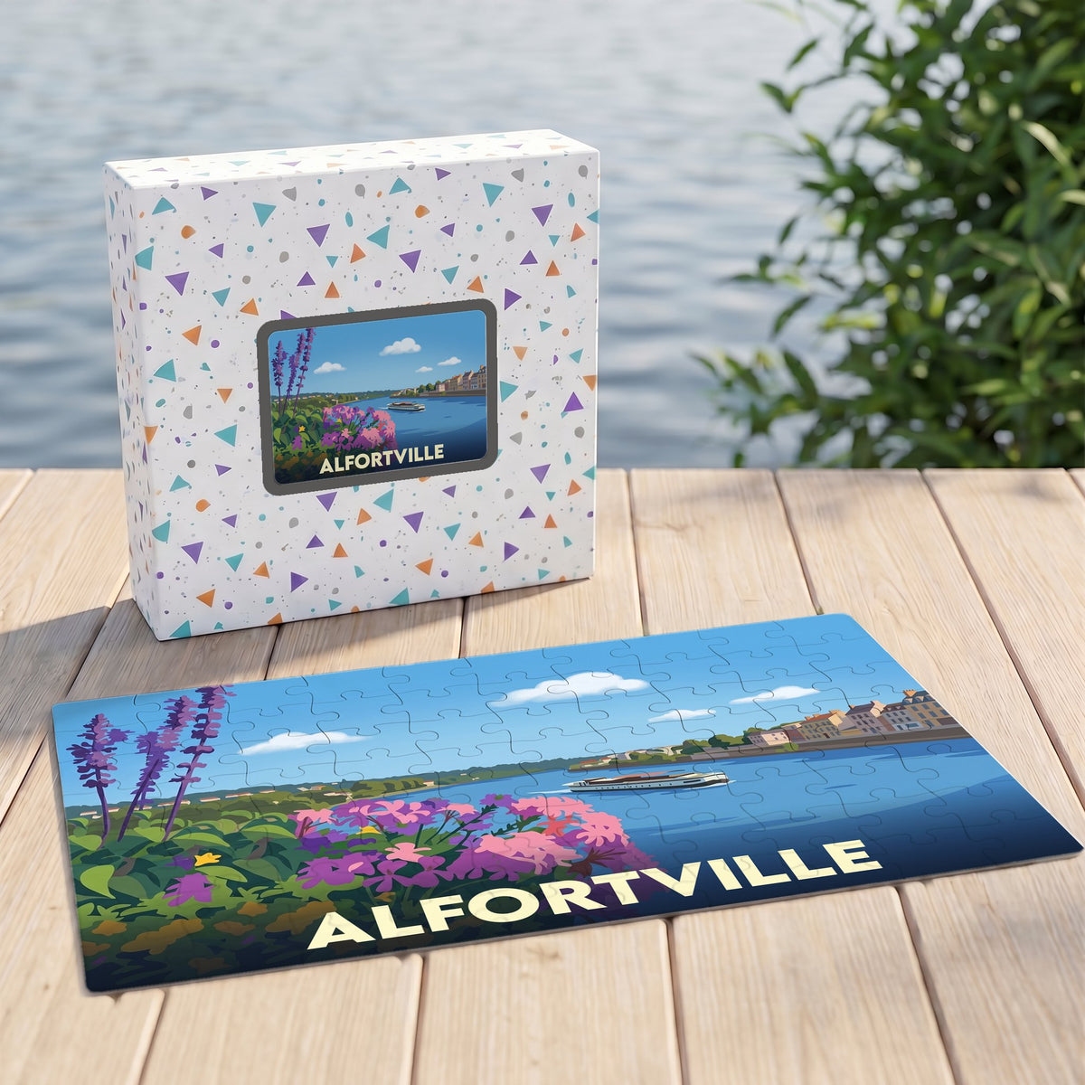 Puzzle souvenir de la ville d'Alfortville avec une illustration stylisée des bords de l'eau.