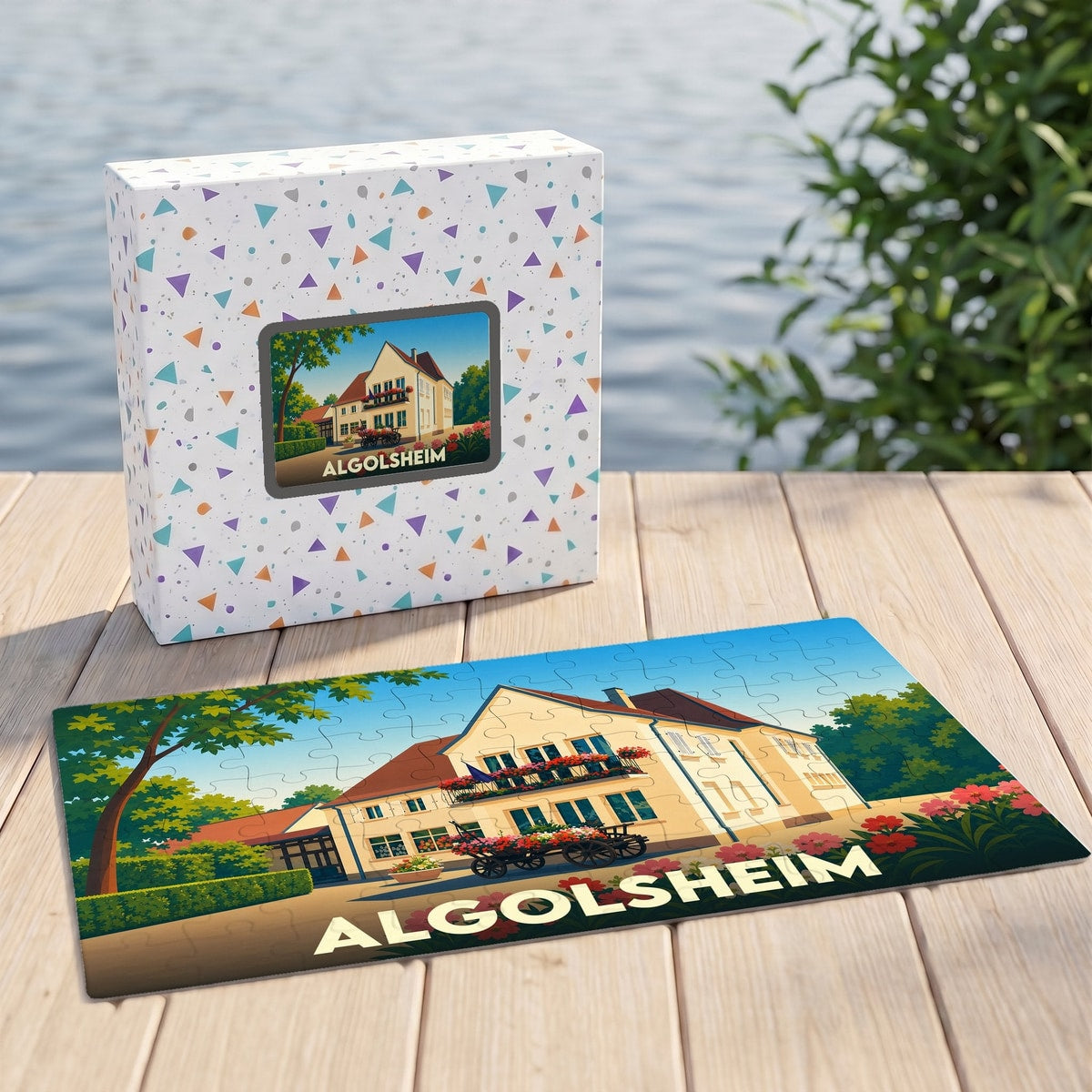 Puzzle souvenir de la ville de Algolsheim illustrant une maison traditionnelle fleurie.