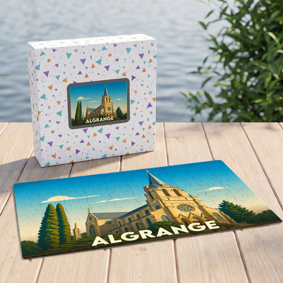 Puzzle souvenir de la ville d'Algrange avec une illustration stylisée de son église.