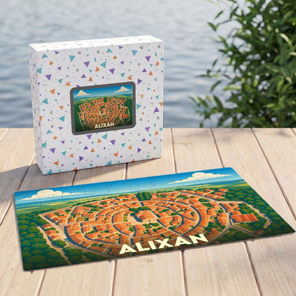 Puzzle souvenir de la ville d'Alixan présentant une vue aérienne illustrée du village circulaire.