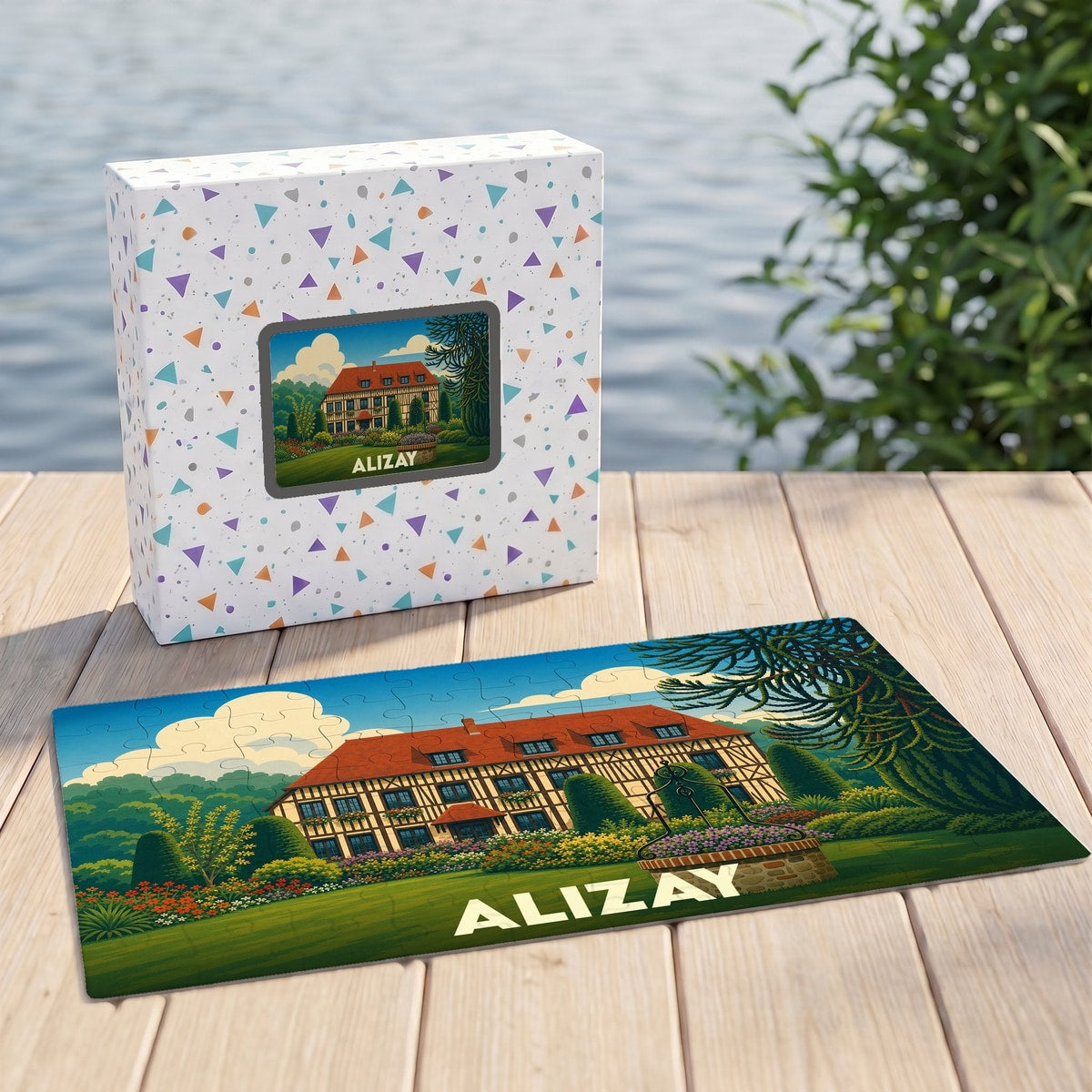 Puzzle souvenir de la ville d'Alizay avec une illustration colorée représentant une demeure à colombages.