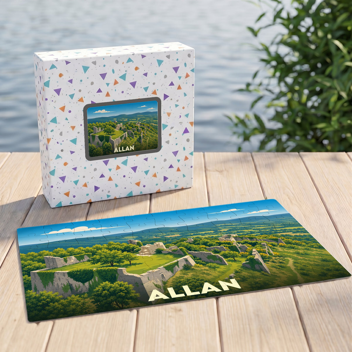Puzzle souvenir de la ville d'Allan avec une illustration stylisée de son vieux village en ruines.