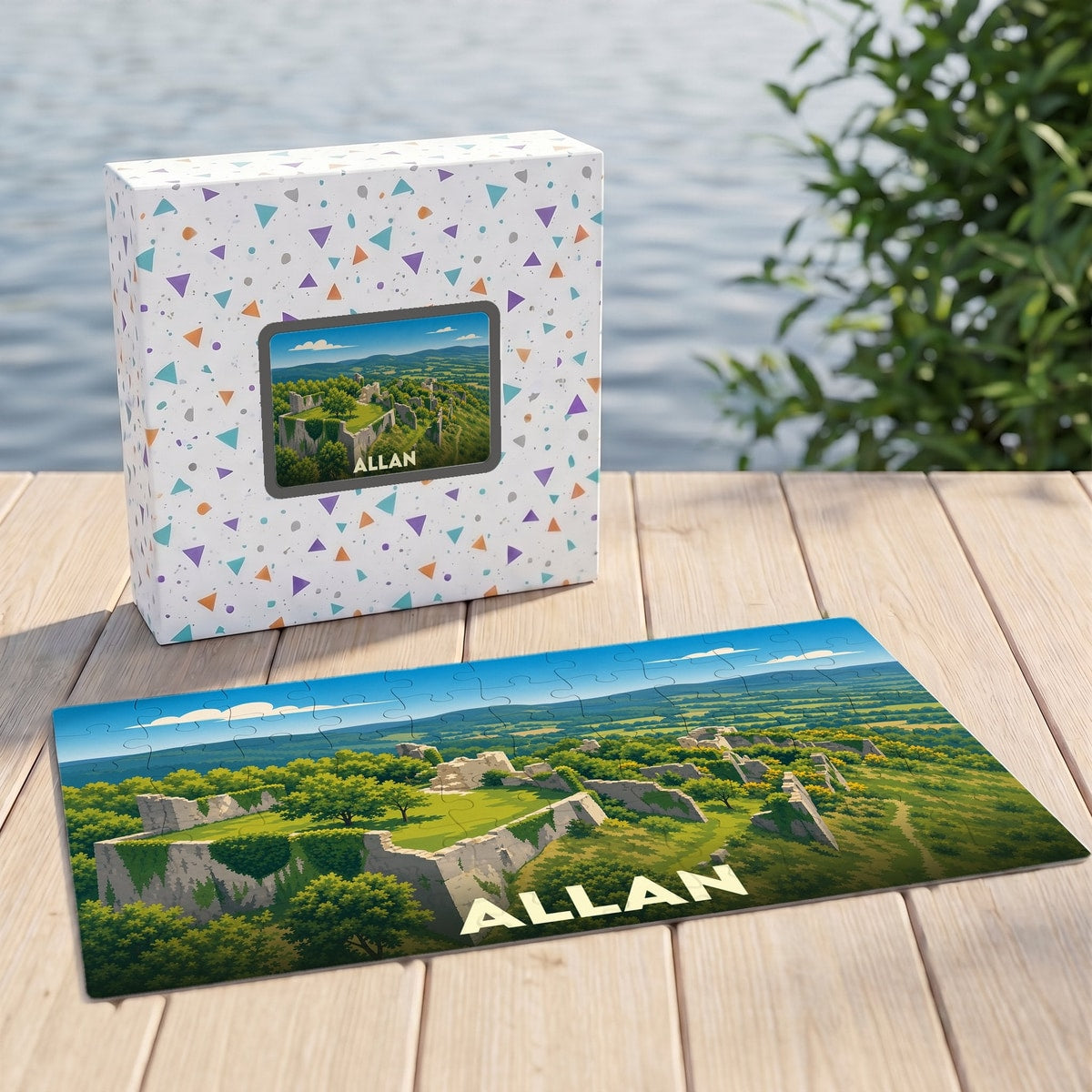 Puzzle souvenir de la ville d'Allan avec une illustration stylisée de son vieux village en ruines.