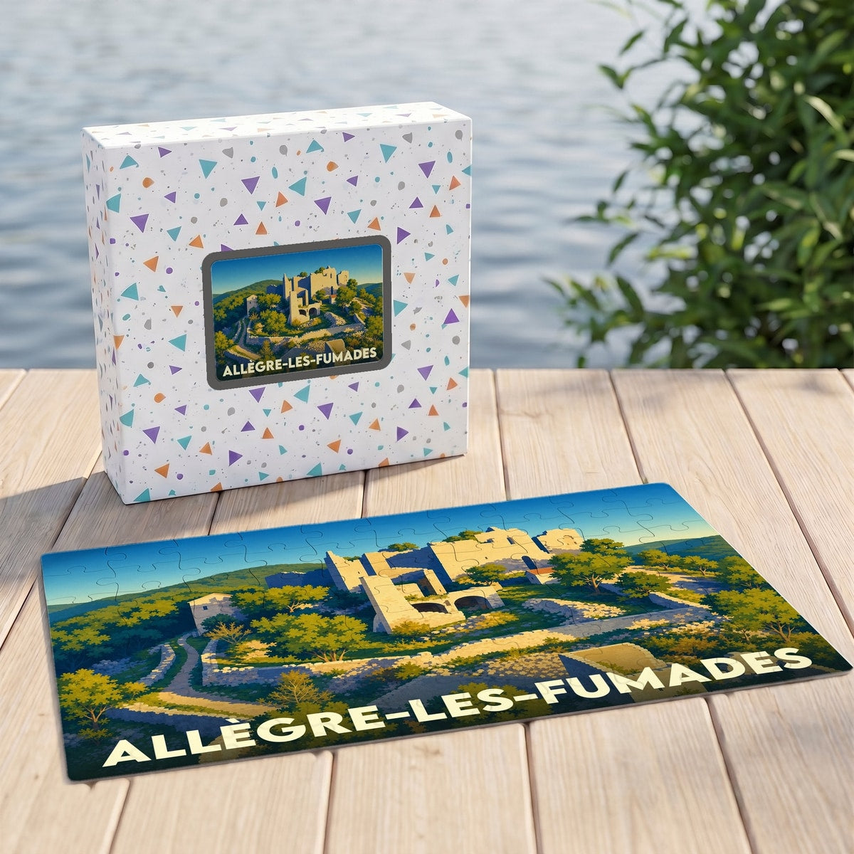Puzzle souvenir de la commune d'Allègre-les-Fumades avec une illustration stylisée de son château en ruine.