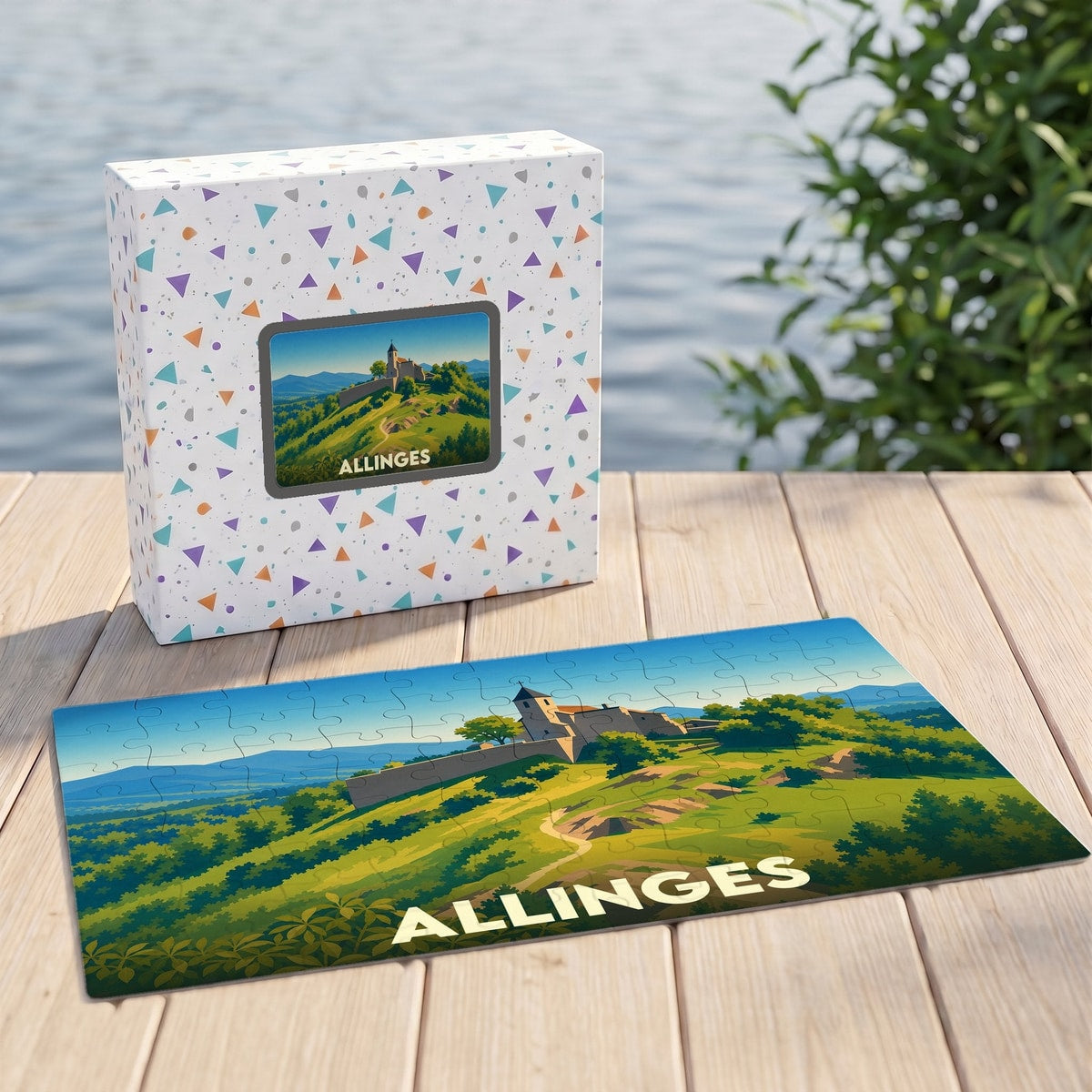 Puzzle souvenir de la ville d'Allinges avec une illustration stylisée d'un château sur une colline.