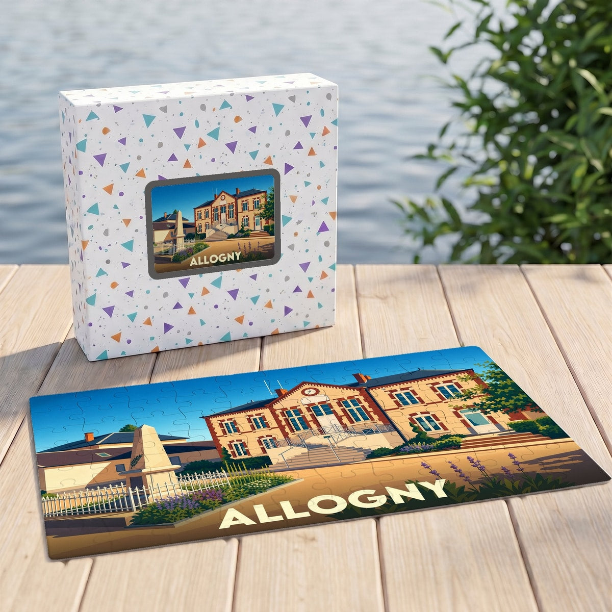 Puzzle souvenir de la ville d'Allogny illustrant son patrimoine avec un style graphique coloré.