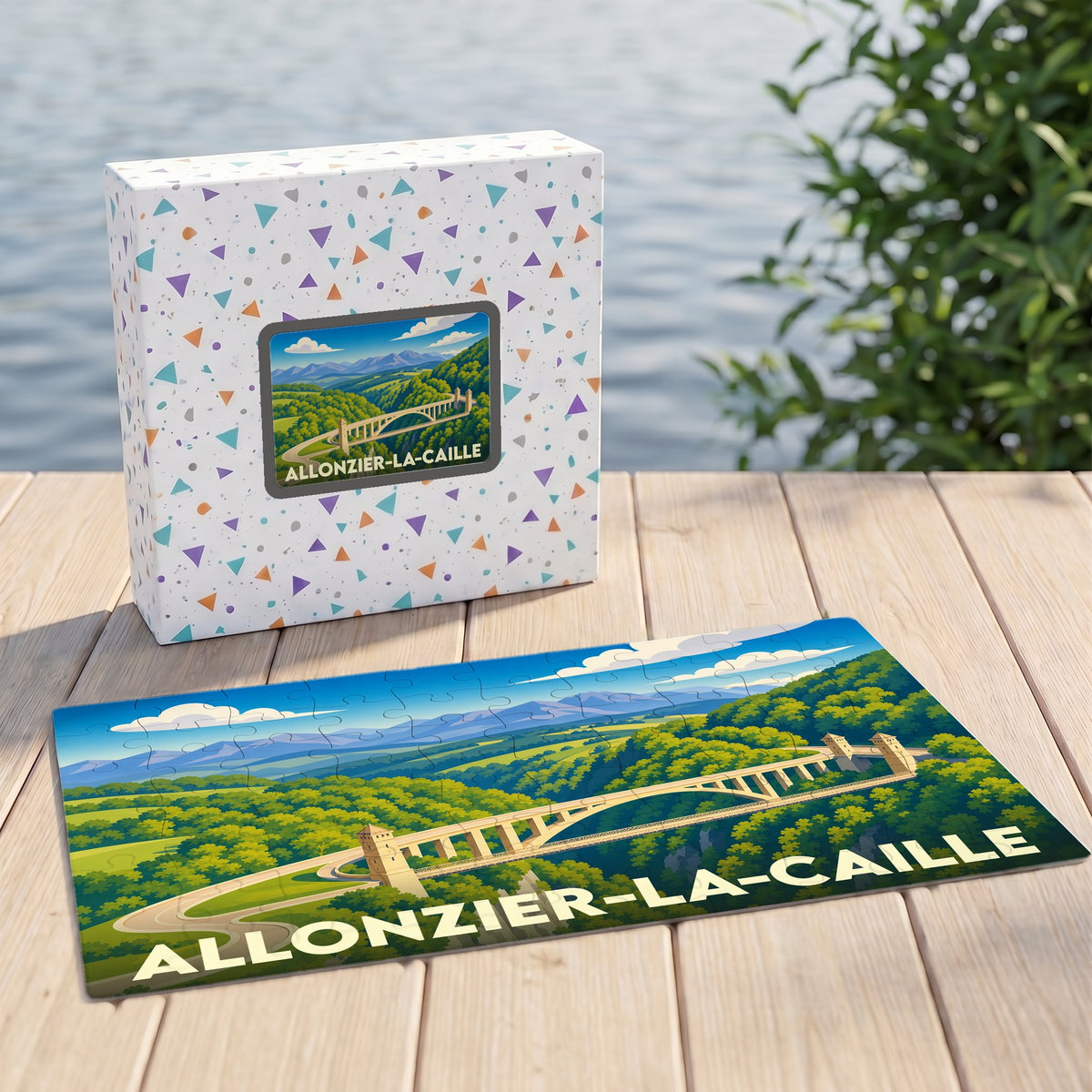 Puzzle souvenir de la ville d'Allonzier-la-Caille avec une illustration stylisée de son célèbre pont.