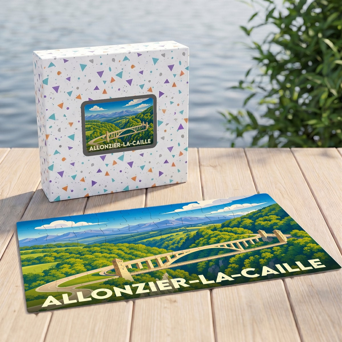 Puzzle souvenir de la ville d'Allonzier-la-Caille avec une illustration stylisée de son célèbre pont.