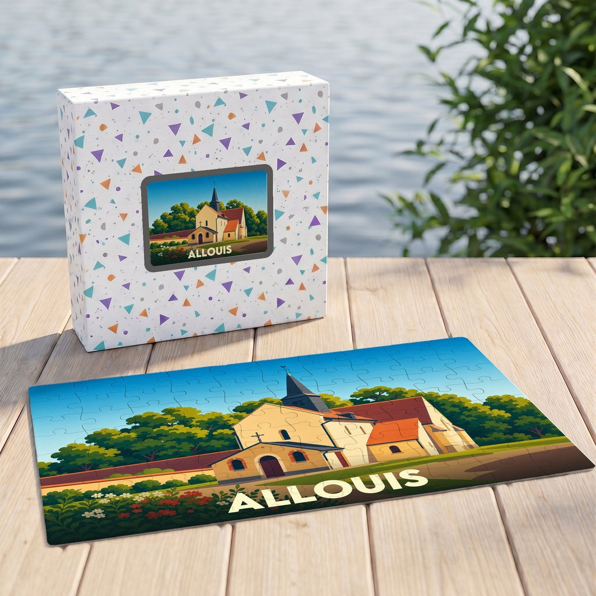 Puzzle souvenir de la ville d'Allouis avec une illustration stylisée d'une église et de son paysage.