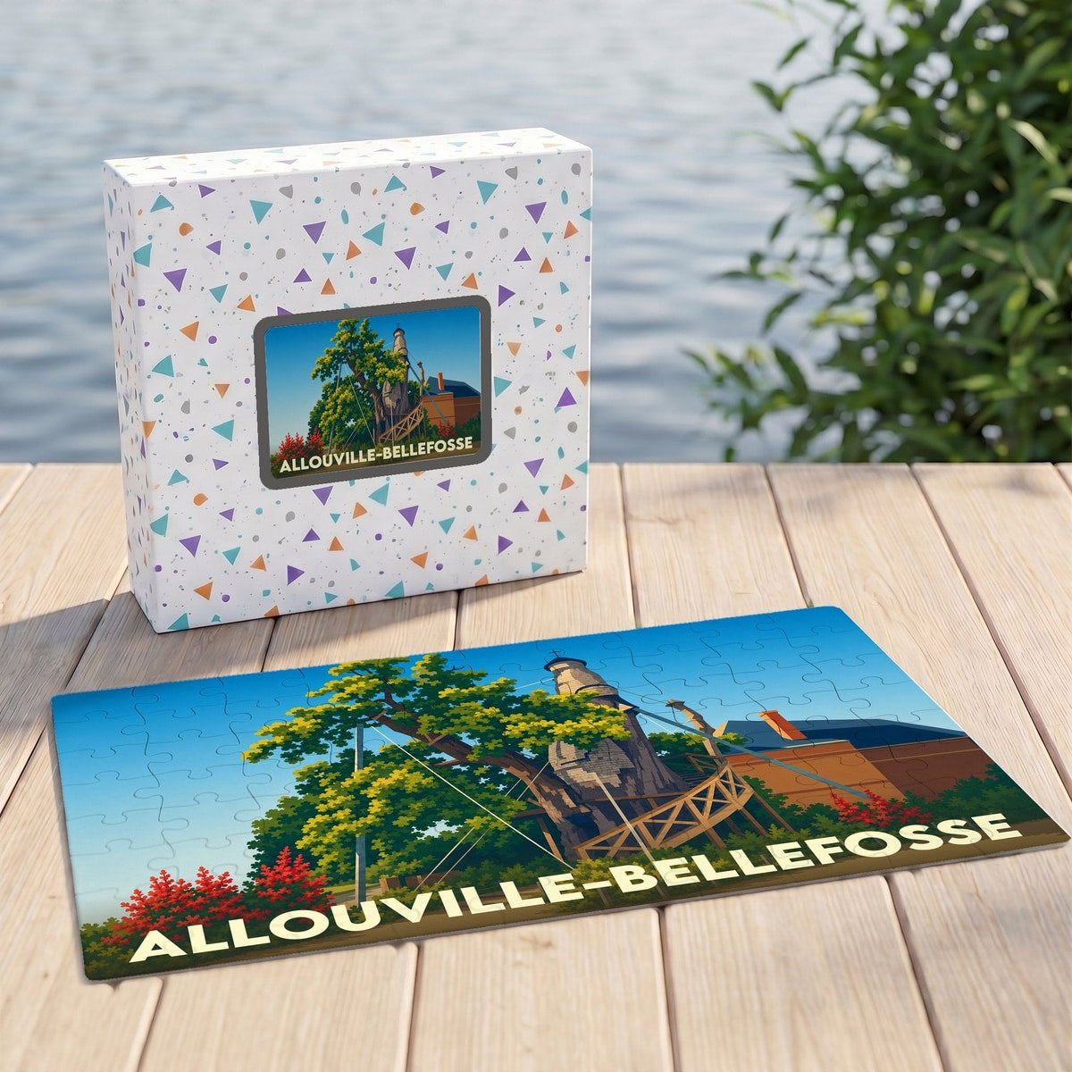 Puzzle souvenir de la ville de Allouville-Bellefosse avec une illustration stylisée de son chêne millénaire.